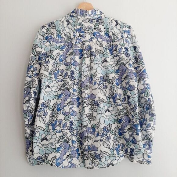 ANN TAYLOR 100% Cotton Floral Button Down Shirt Top Blue & White Sz M - Picture 7 of 13